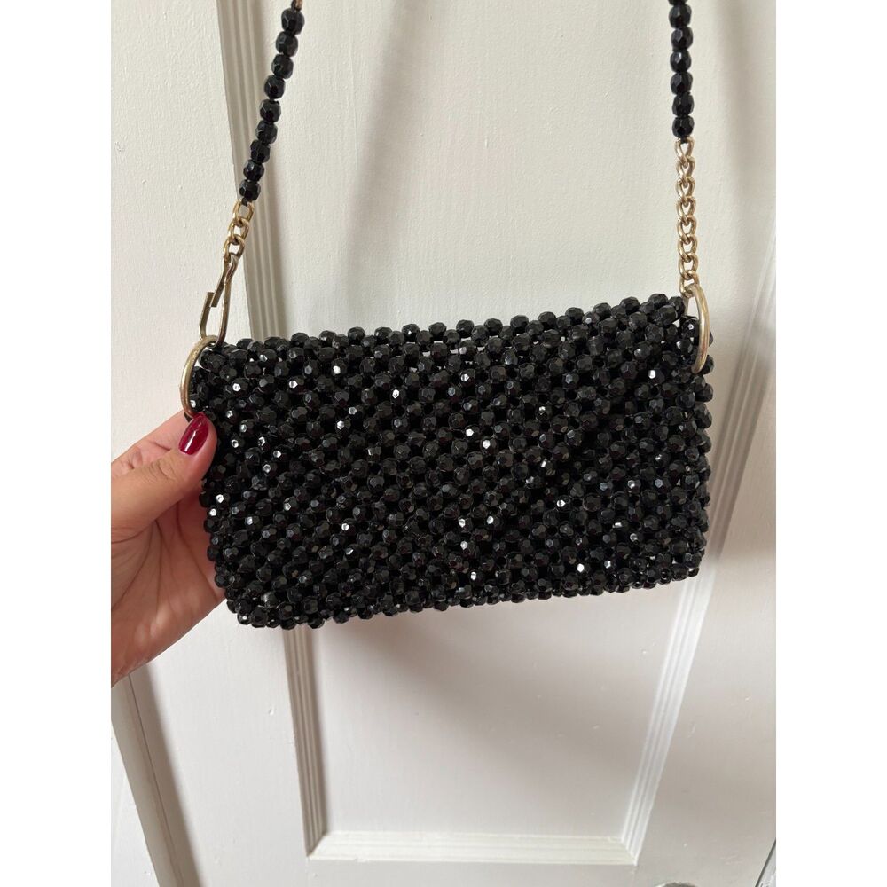 Vintage 60s Beaded Handbag Clutch Purse Black Satin Witchy Dark Coquette Gothic
